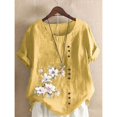 thumbnail image 3 of Camiseta de lino y algodón para mujer, Top elegante y cómodo con una hilera de botones, decoración de empalme, camisetas informales con estampado de flores para mujer 2024, 3 of 4