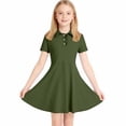 thumbnail image 6 of akafmk Teen Girls School Uniform Dresses Short Sleeve Collared Midi Dress Ruffled Placket Preppy Style Casual Summer A-Line Dress, 5-15 Years, 6 of 7