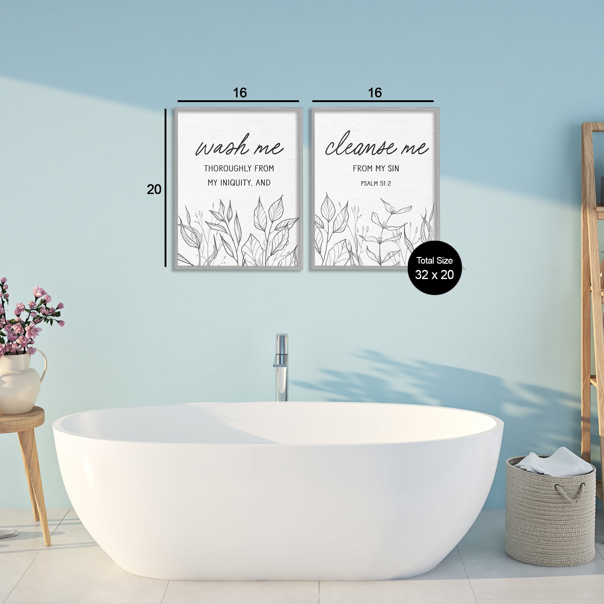 Wash & Cleanse Me Scripture 2 Piece Gray Framed Giclee Art Set, design by Lettered and Lined
