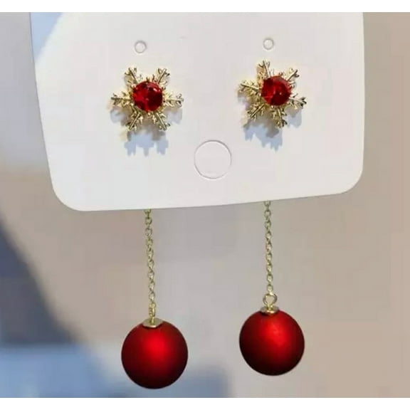 Pierced 3 1/2" gold snowflake chain dangle red bead earrings