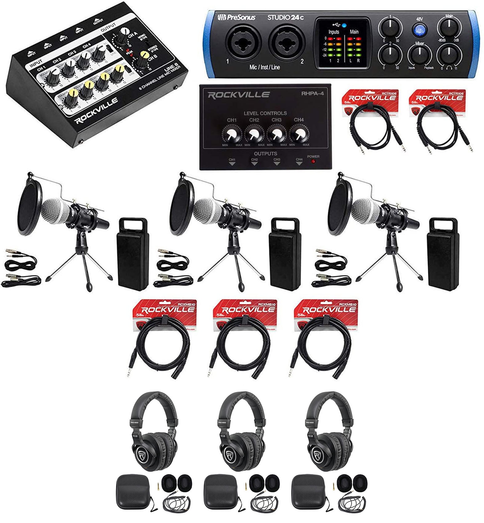 3Person Podcast Podcasting Recording Kit w/Presonus STUDIO 24C