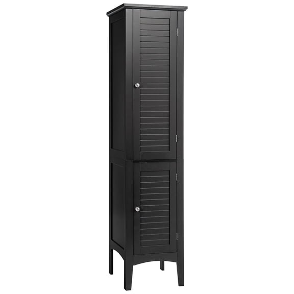 WDZS Tall Bathroom Storage Cabinet, 5-Tier Wooden Freestanding Tower Cabinet, Narrow Storage Floor Cabinet w/ 2 Doors & Shelves for Bathroom Living Room Kitchen (Black)
