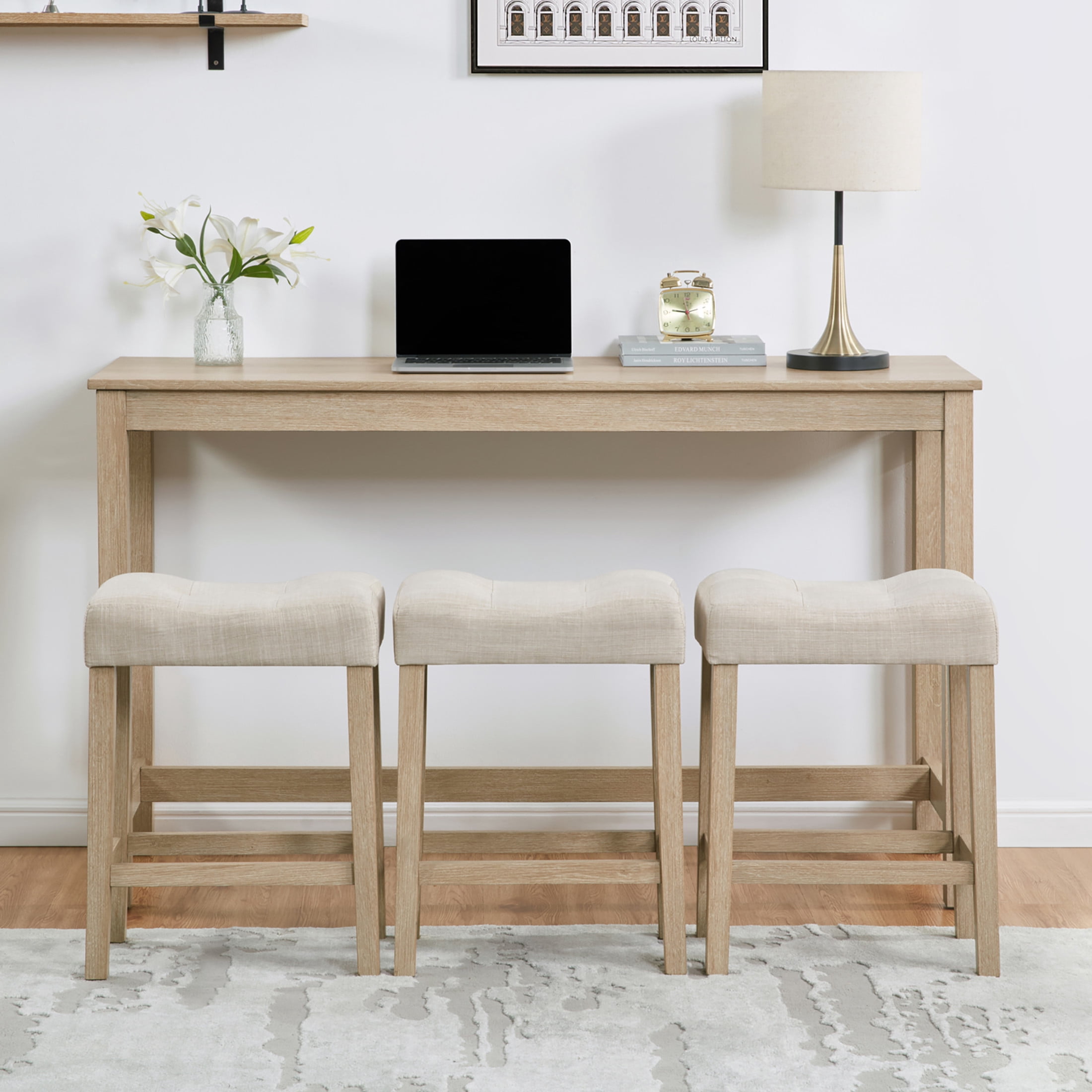 Noble House 35.5"H Dining Bar Table Set with Power Outlet, Upholstered Counter Stools for 3, Light Oak Finish