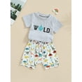 thumbnail image 4 of Yunliwuli Infant Boys Summer Clothes Outfits Letter Print Crew Neck Short Sleeve T-Shirts and Baseball/Shark/Dinosaur Print Shorts Suit, 4 of 9