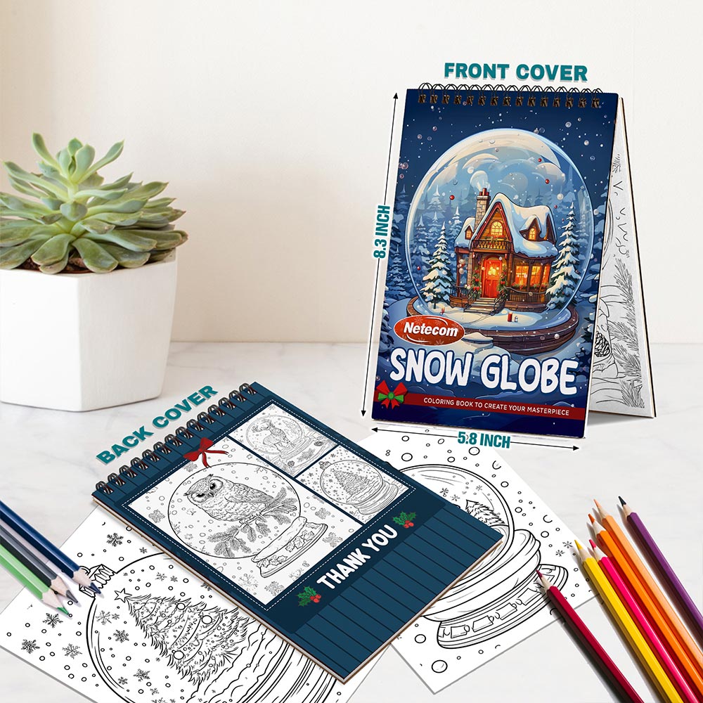 Netecom Snow Globe Coloring Book Spiral Bound for Adults, A5 Wooden Cover, 30 Charming Coloring Pages of Festive Holiday Landscapes for Stress Relief and Relaxation
