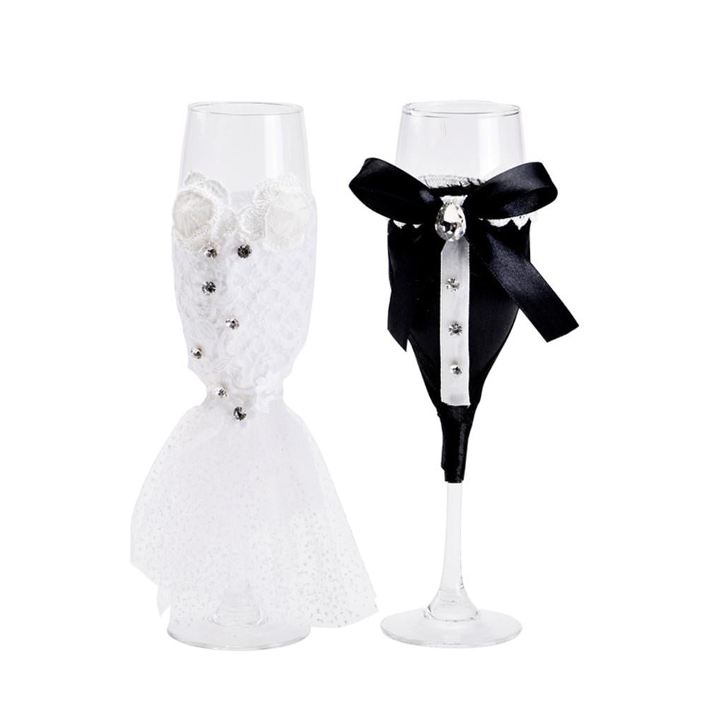 2pcs Wedding Party Decoration Bride Groom Costume Wedding Glass Wine Glass Cover 