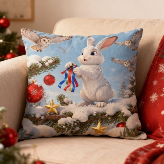 Rabbit Holding Christmas Ornaments Pillow Cover – 18x18 Inch Cotton Decorative Throw Pillow Case with Cute Bunny and Shiny Holiday Baubles Print for Sofa Couch Bed, Machine Washable Clearance