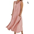thumbnail image 4 of Qarigey Vestido de lino y algodón de verano para mujer, sin mangas, bohemio, de mil-pantorrilla, caftán suelto de Color liso para Vestidos Rosa/L, 4 of 5