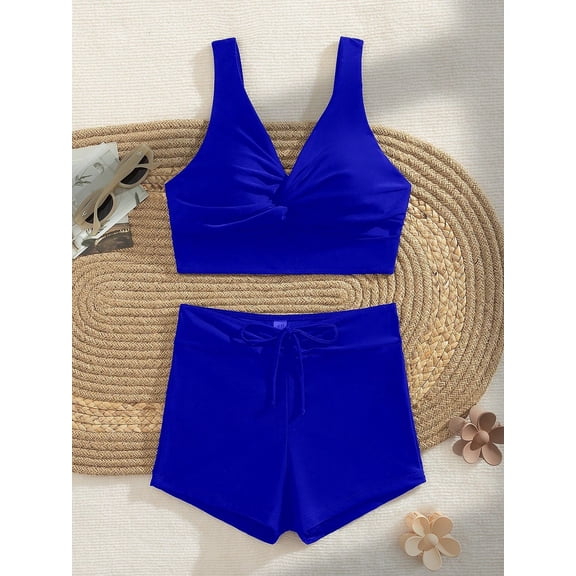 Women Bikini Set with Tie Side Boyshorts Two Piece Swimsuit High Waisted Bathing Suits Sexy Swimwear (Royal Blue, XL)