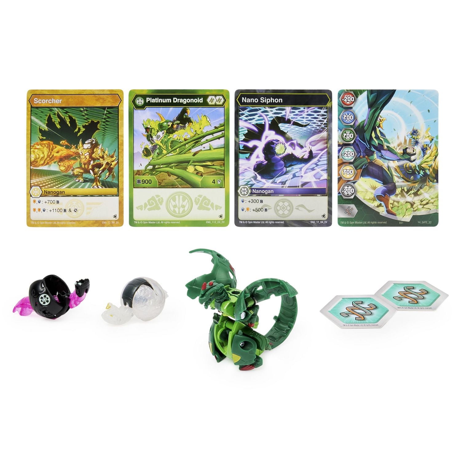 Bakugan Evolutions, Coffret Platinum Power Up Dragonoid avec Nano Scorcher et Siphon, figurine articulée Bakugan True Metal, 2 Nanogan, 2 BakuCores, 2 cartes Maîtrise, jouets pour garçons à partir de