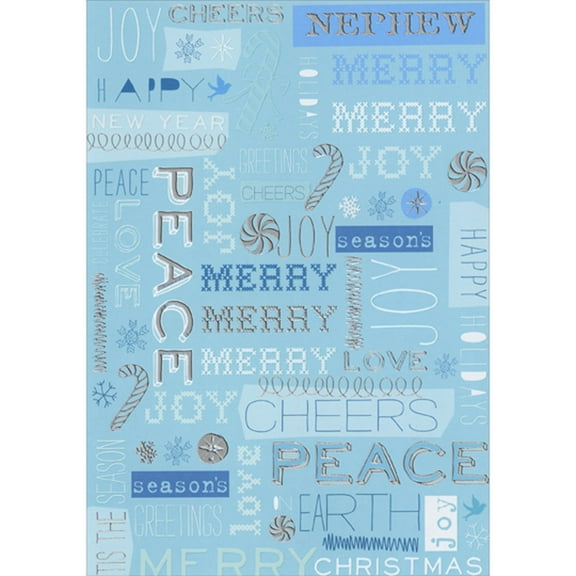 Designer Greetings Repeated White and Silver Foil Sentiments and Symbols on Light Blue Christmas Card for Nephew
