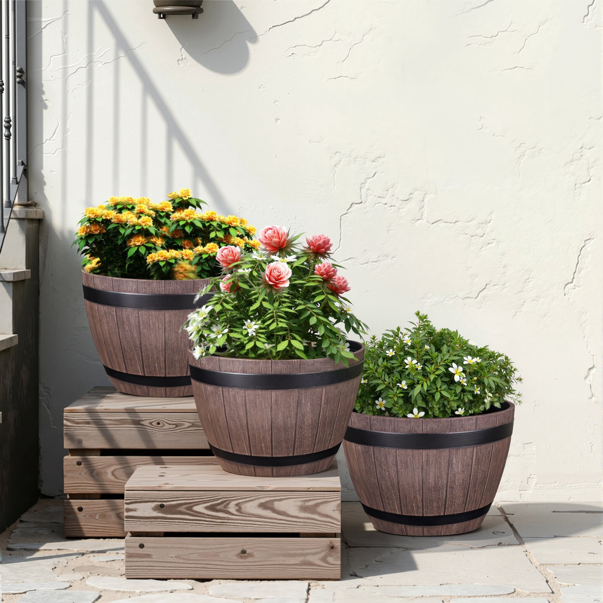 VECELO 3 Pack 13 inch Plant Pots, Whiskey Barrel Planters with Drainage Holes & Saucer, Plastic Imitation Wine Barrel Decoration Flower Pots, for Indoor & Outdoor Garden Home Plants, Reddish-Brown