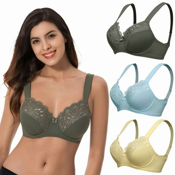 Curve Muse Plus Size Unlined Minimizer Underwire Bra with Embroidery Lace-3 Pack-Light Blue,Yellow,Hunter Green-34B
