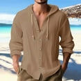thumbnail image 2 of ibuvkizy Mens Linen Shirts Casual Button Down Shirts Solid Color Long Sleeve Roll-Up Sleeve Summer Beach Shirts Tops with Hood Brown S, 2 of 6