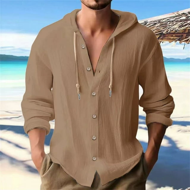 Gspmoly Chemise pour Hommes, Mode Décontractée pour Hommes, Boutons Solides, Col Rond, Manches Longues avec Capuche, Blouse pour Sortir