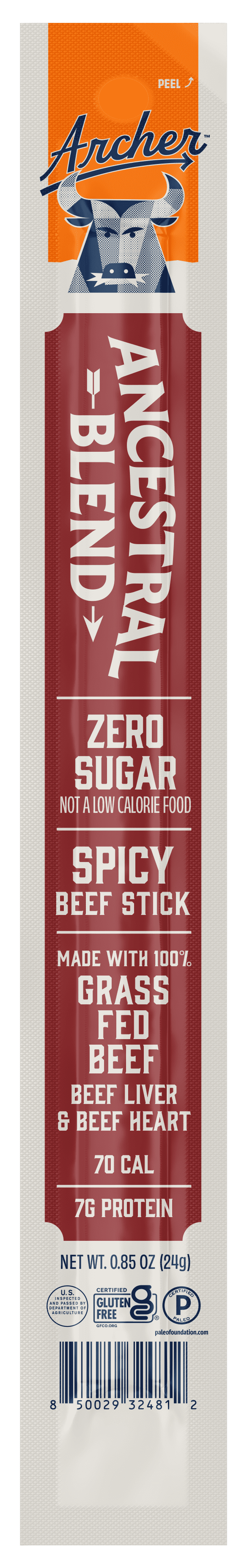 Archer Spicy Ancestral Blend Beef Sticks, 0.85 oz Each, 18-Count, Grass-Fed + Organ Meats, Gluten Free, Zero Sugar