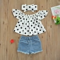 thumbnail image 4 of ITSAME Girls Outfit Sets, with Polka Dot Print Headscarf 3-Piece Polka Dot Print Ruffle Sleeve Top and Denim Shorts Summer Fashion Casual Sets White 5-6T, 4 of 9