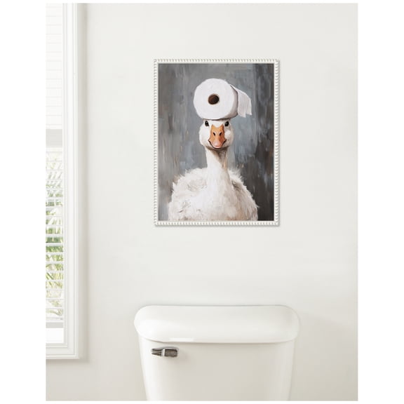 Kate and Laurel Toilet Paper Roll on Cute Goose Head Bathroom Art Framed Canvas Wall Art by The Creative Bunch Studio 18 x 24 Sylvie Beaded White, Whimsical, Bathroom, Humor, Animals Art for Wall
