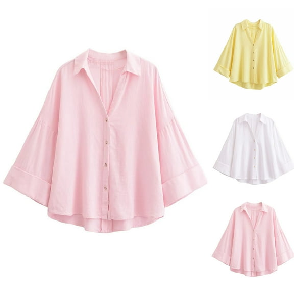 FRSASU Womens Button Down Shirts Linen Dressy Shirts Solid Versatile Long Sleeve Work Blouses Turndown Collare Tops Yellow S(S)