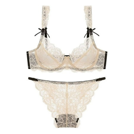 

Varsbaby Womens Underwire Bra and Panties Set Ultra-Thin Unlined Lace Cup Push-Up Bralette