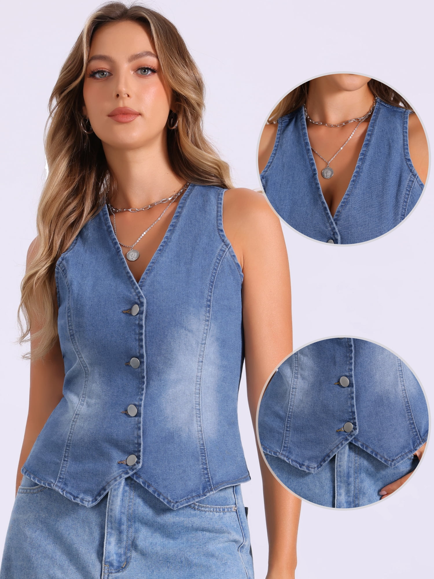 DARING DIVA Womens Denim Vest V Neck Button Down Jean Waistcoat Jacket M Light Blue