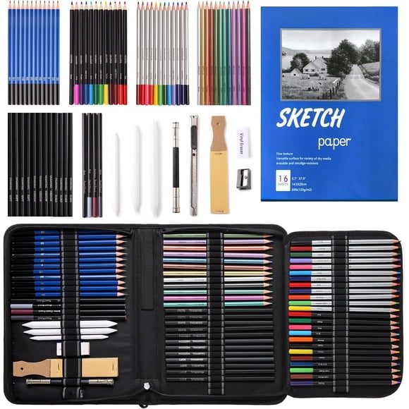 TEMOGU-72 Drawing Sketching Pencils, Art Supply Drawing Pencils Set in Black Zipper Case, Pro Kit with Colored Pencils, Charcoal Pencil, Extender, Graphite for Artists, Beginners and Kids
