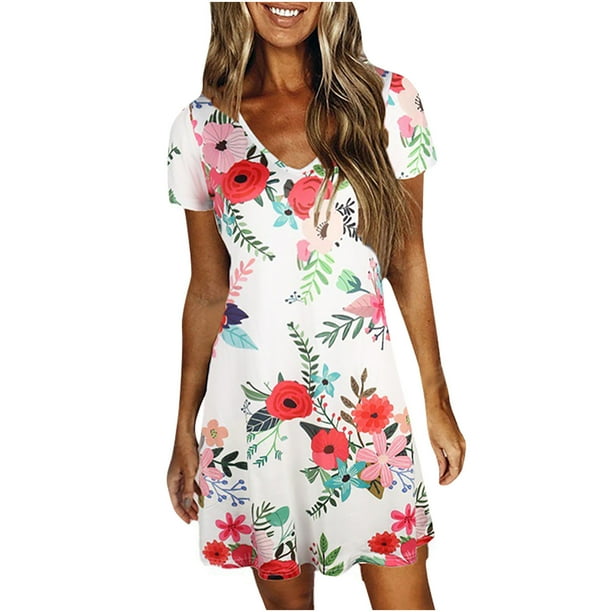 Vestido casual estampado de manga corta con cuello en V de moda de verano para mujer Fridja bnh4144