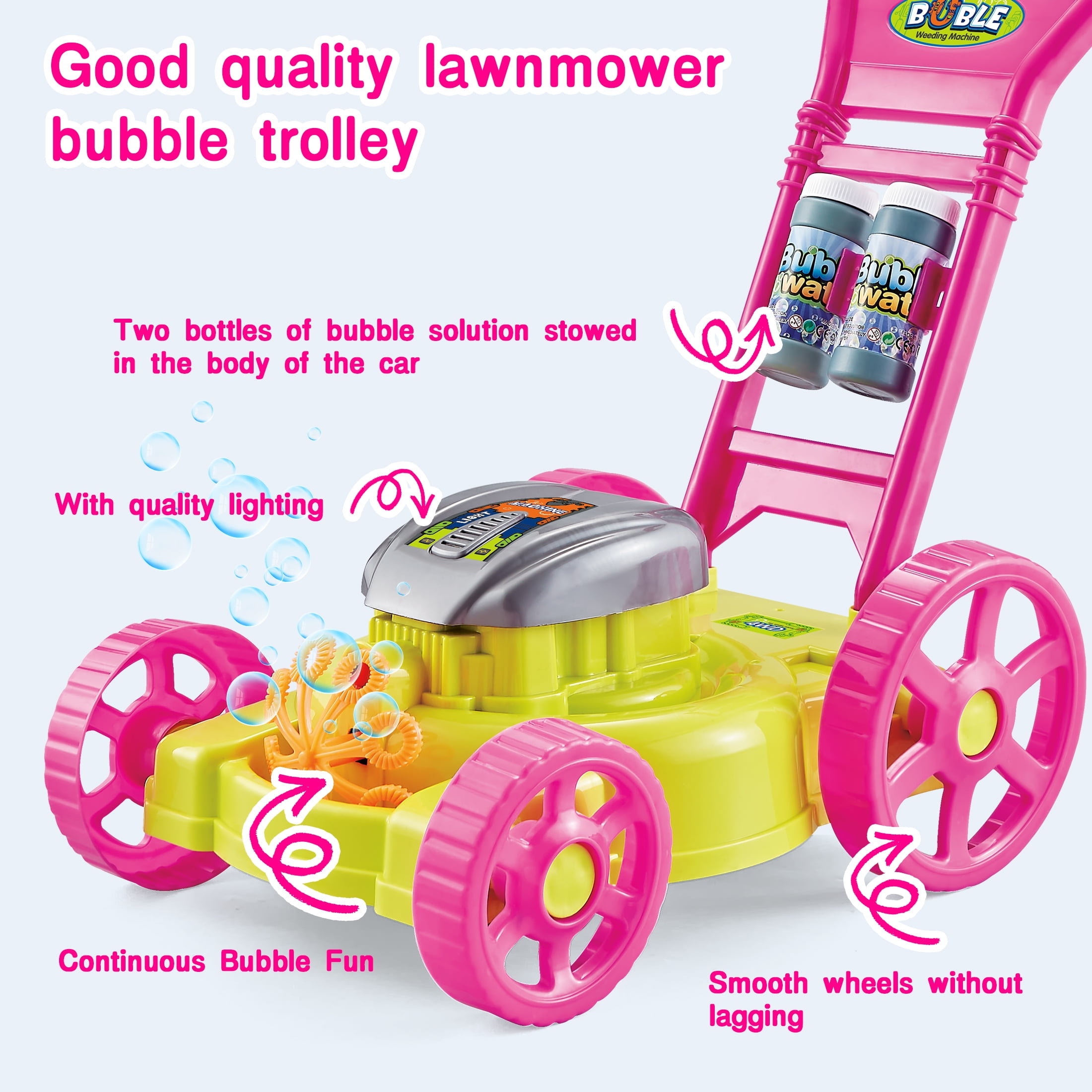 KOPPOP Bubble Lawn Mower - Bubble Machine for Outdoor and Indoor Use, Push Mower with Sound Effects and Bubble Blowing Function - Pink