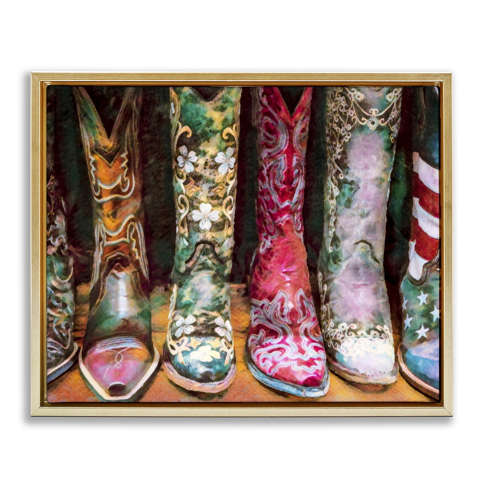 Stupell Industries Cowboy Boots Various Bold Designs Americana Apparel Painting Metallic Gold Floating Framed Canvas Print Wall Art, Design by Graffitee Studios