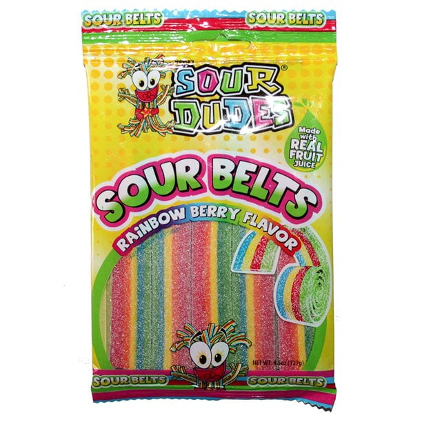 Sour Dudes (4) Bag Sour Belts - Rainbow Berry Flavor, 4.5oz - Made With Real Fruit Juice Sour & Sweet Candy Halloween Birthday Party Candy Treats & Christmas Stocking Stuffer Goodies