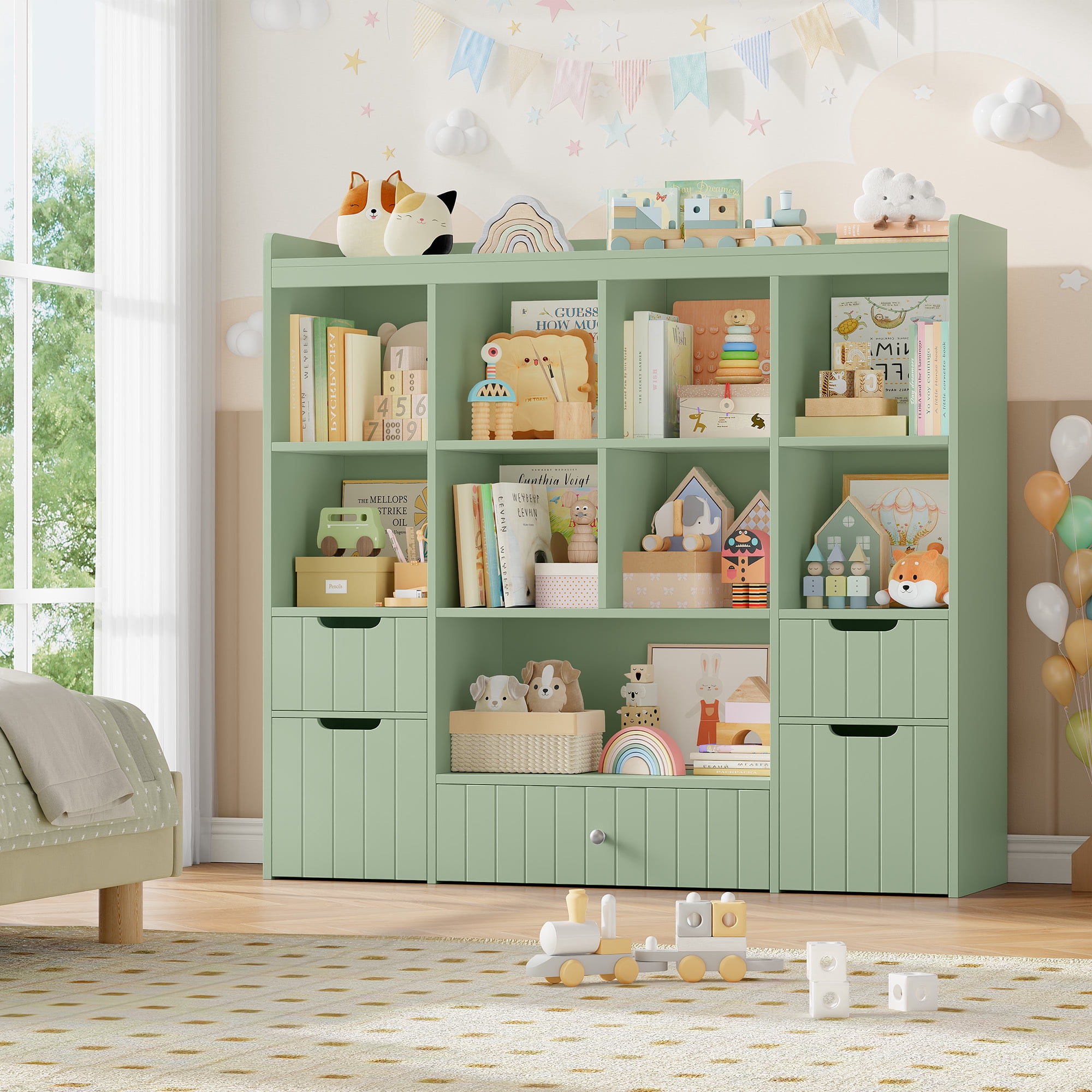 Homfa Kids Toy Storage Organizer with Cubby, Kids Toy Storage Chest with Removable Drawers, Kids Bookcase for Playroom Bedroom Living Room, Green