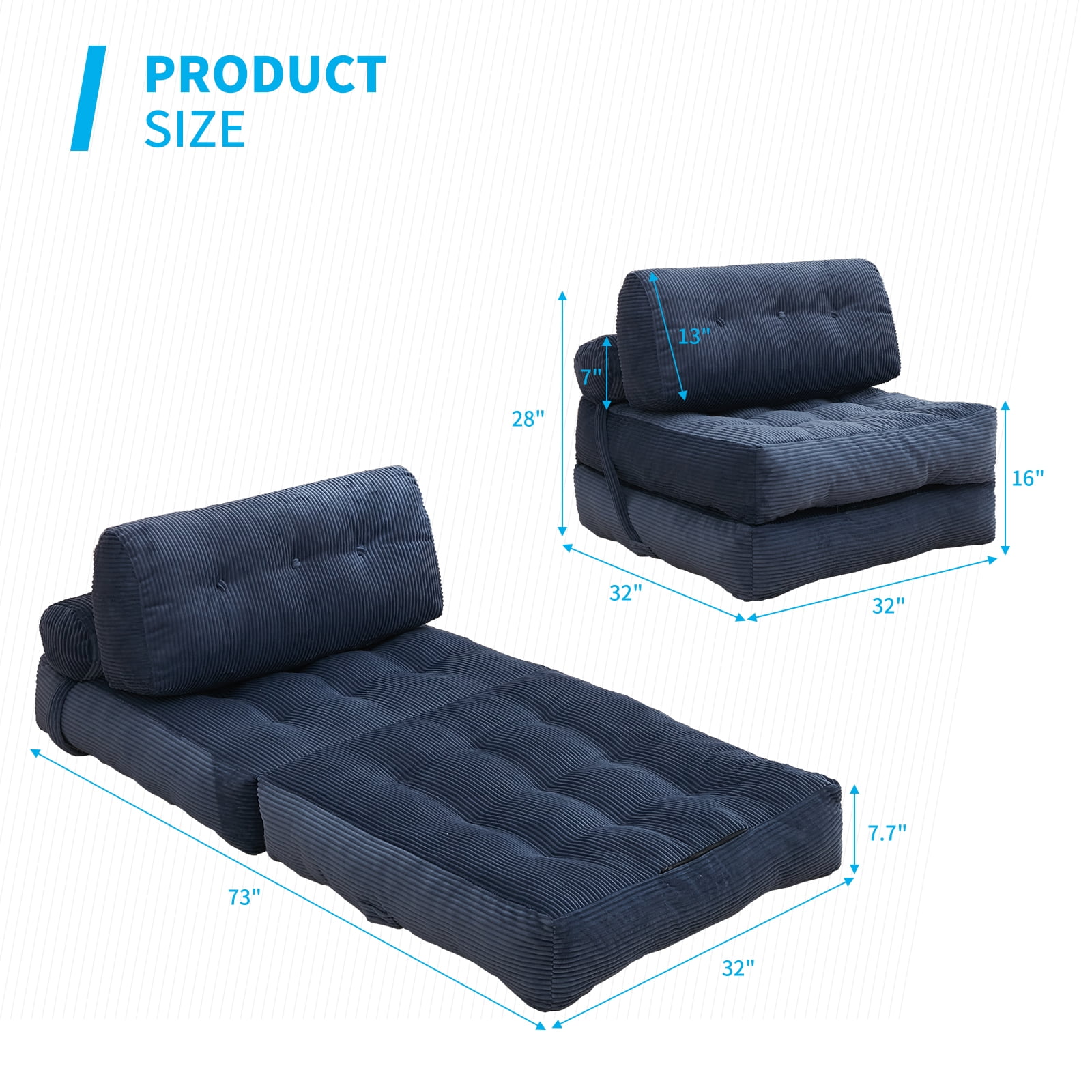 BALUS  Boneless Futon Couch Bed, No Assembly Sofa Chair for Sleeping, Dorm Sofa Bed for Apartment/ Living Room, Corded, Dark Blue