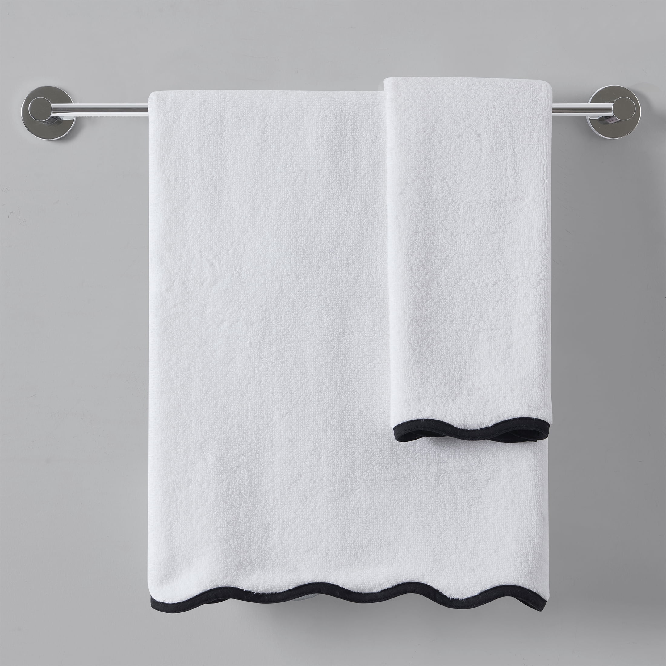 My Texas House Whitney Scallop Border Cotton Hand and Bath Towel Set, White/Black, 2 Count