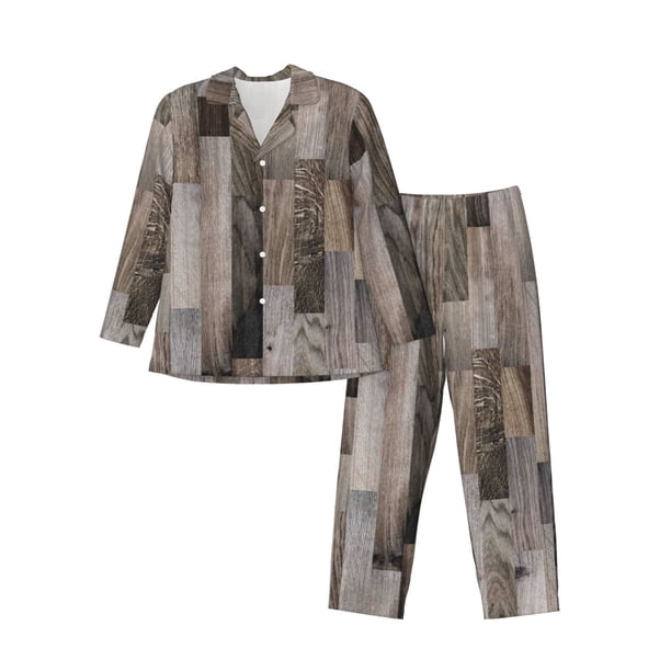 Balery Wooden Texture Pijama para Hombre de Dos Piezas con Manga Larga, Conjunto de Dormir y Descanso Suave con Bolsillos-Small