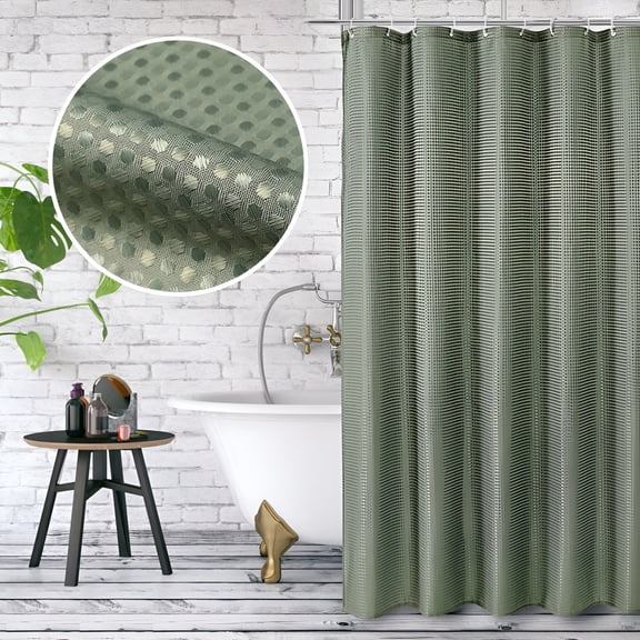 AUQ Green Waffle Fabric Shower Curtains,72" x 72" Solid Waterproof Shower Curtain Liner with Hooks
