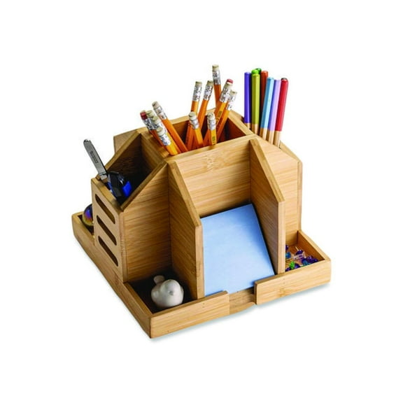 Officemate Bamboo Desk Accessories 9-Compartment Rotating Wood Desk Organizer Natural Wood Grain