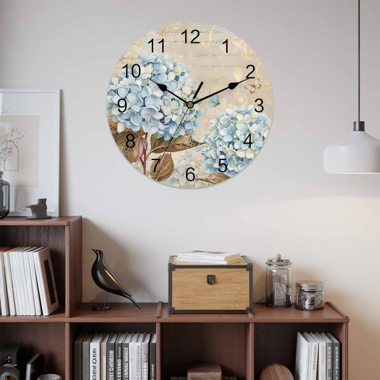 Wall Clock Hydrangea Floral Clocks PVC Silent Non-Ticking Battery Operated Decorative Butterfly Vintage Blossoms Flowers Round Clock for Home Living Room Kitchen Bedroom Office Wall Decor 10 Inch