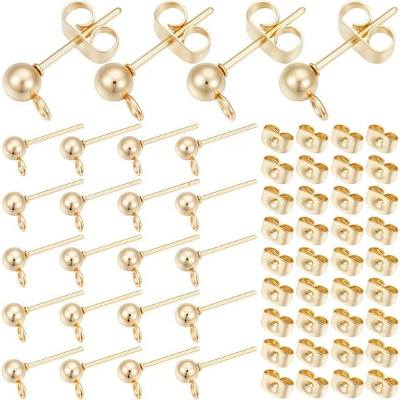 1Box 1 Box 100Pcs Ball Earring Posts Stainless Steel Stud Earring Findings Hypoallergenic Gold with Butterfly Ear Back and Loop Small Round Earring Studs for Jewelry Making Supplies DIY Beginner