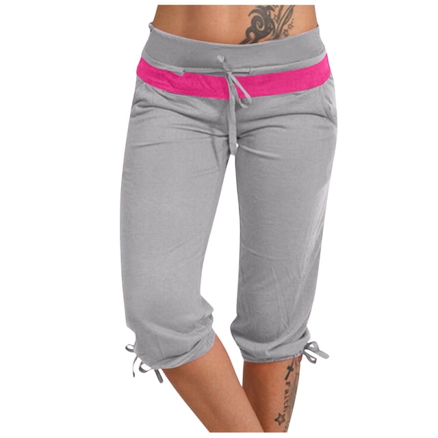 Jsaierl Drawstring Capris for Women Stretch High Wisted Lightweight Yoga Workout Capris with Pockets Summer Solid Color Leggings Plus Size Pants
