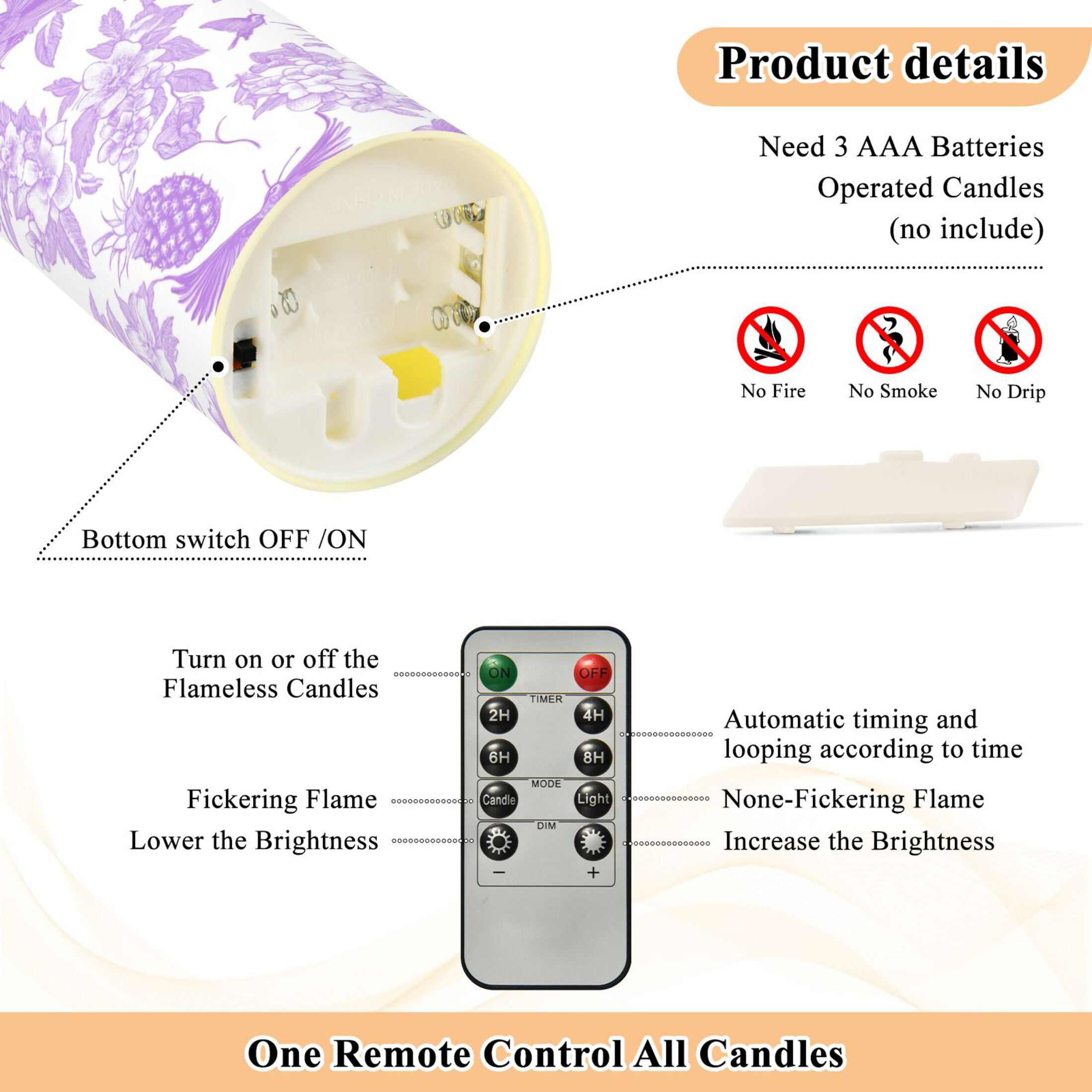 2 PCS Tilted Flameless Candles Flickering LED Lights Battery Operated Candles with Remote Timers for Holiday Decor Lilac Floral Motifs