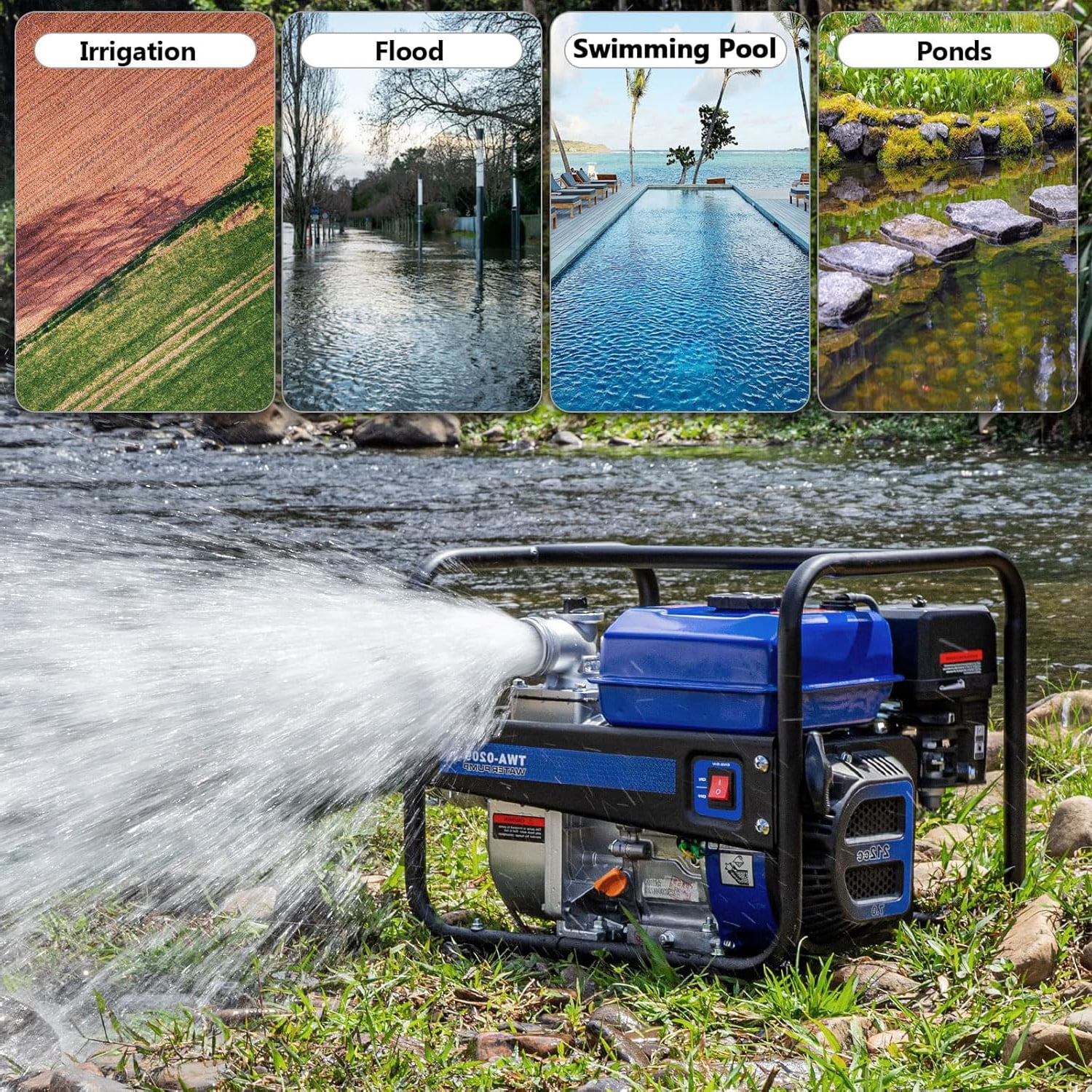 ANLIBATT 7HP Semi Trash Pump 158 GPM 2" EPA Gas Powered High Pressure Water Transfer Pumps Irrigation Suction Pipe Complete Hose Kits Included