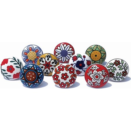 Vintage Multicolor Printed Ceramic Pull Knobs for Kitchen Cabinet, Door & Drawer, Wardrobe, Cupboard (Set of 10) Sknob001