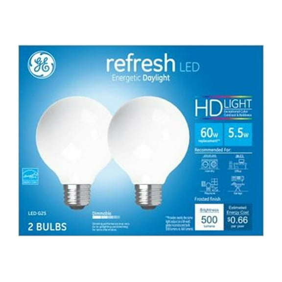 GE LED Refresh Globe Light Bulbs, Daylight, 500 Lumens, 5.5-Watts, 2-Pk.