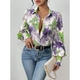 thumbnail image 2 of Women'S Floral Dressy Casual V Neck Button Down Shirts Lantern Long Sleeve Boho Chiffon Fall Tops Purple-Green S, 2 of 7