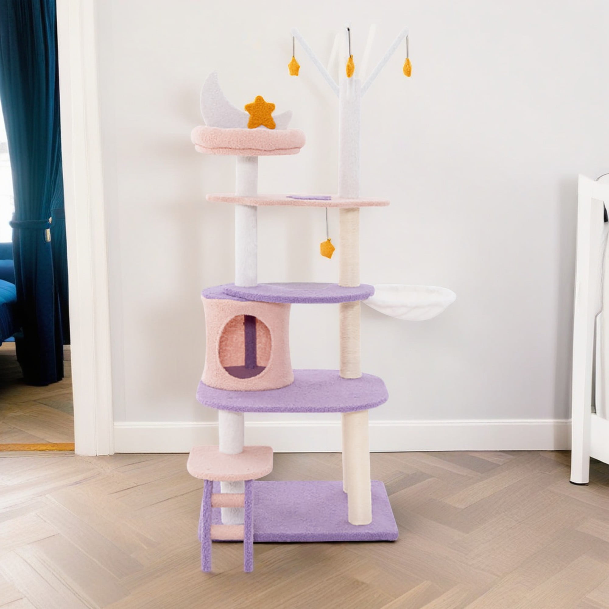 Kadyn 62" Cute Cat Tree Tower for Indoor Cats, Moon and Star Cat Condo with Sisal Scratching Posts, Plush Perches, Kitten Cat Tree Tower Activity Center, Purple