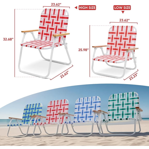 Camping Chair, Beach Chair for Adults with Highback, Folding Lawn Chair with Webbed Airflow Mesh, Chair with Rust-Proof Coating, Webbed Lawn Chair for Outdoor, Fishing, Backyard, Red