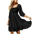 thumbnail image 1 of Tumotour Robe Surdimensionnée pour Femmes Col Carré Dos Ouvert à Lacets Manches Mi-Longues Froncée à Volants Évasée Fluide Robe d'Été Mini, 1 of 4