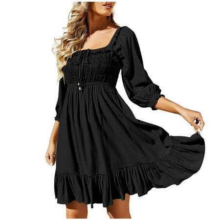 Olyvenn Womens Tunic Mini Babydoll Vacation Dress Drawcord Hollow Open Back Lace-up Smocked Trendy Summer Bubble Sleeve 3/4 Sleeve Prom Dresses for Women Retro Solid Sundress Fashion Black 6