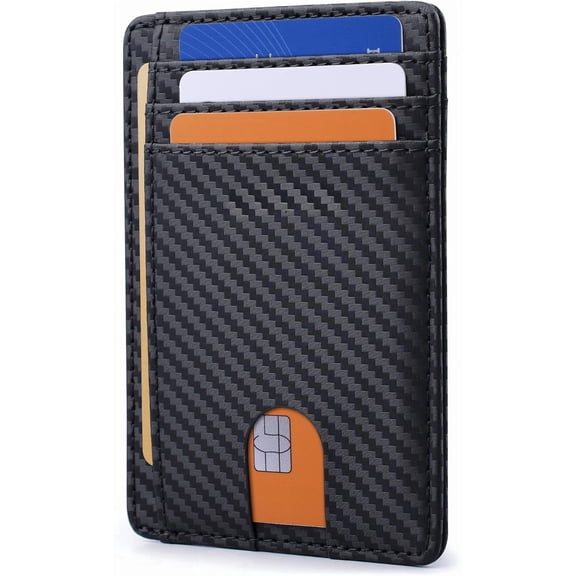 Slim RFID Blocking Wallet, Carbon Fiber Leather Minimalist Card Holder for Men & Women, Black
