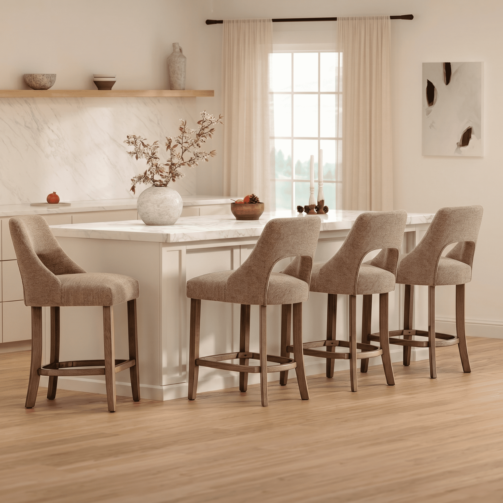 PORKISS 26" Bar Stools Set of 2, Upholstered Kitchen Island Stools with Hollow Back, Mid-Century Counter Stools with Wood Legs Footrest, Khaki
